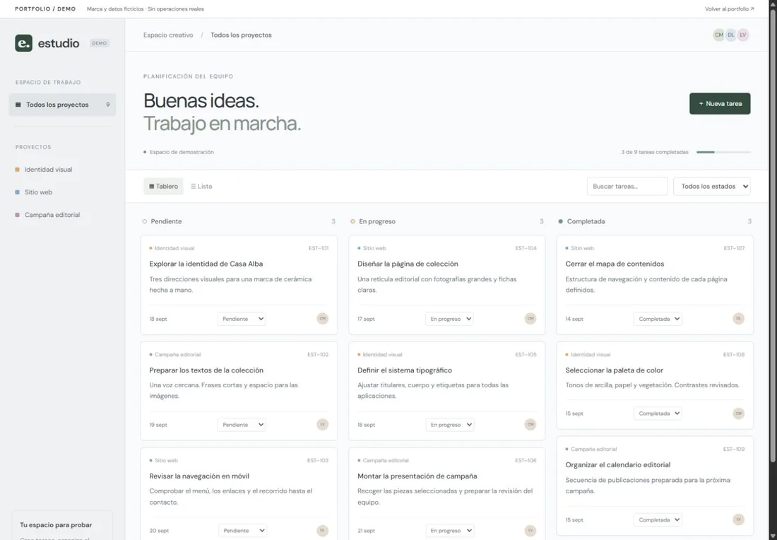 Tablero de tareas de la demo ESTUDIO
