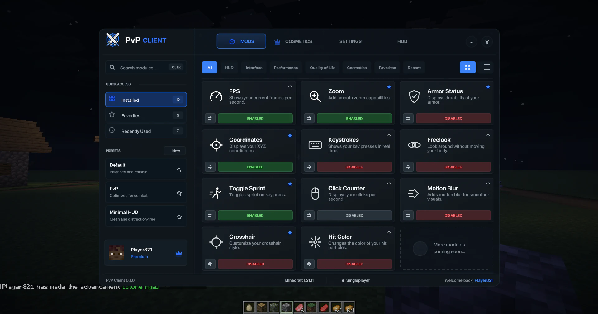 Interfaz de módulos de PvP Client